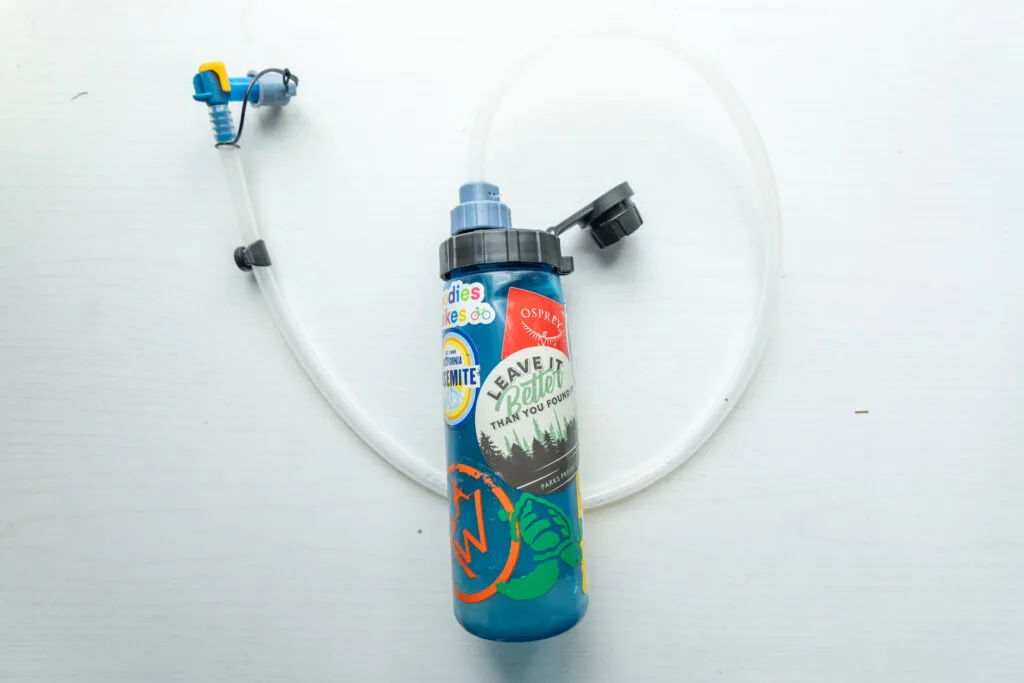 The One Bottle Hydration System with silicone hose attached to a Nalgene bottle.