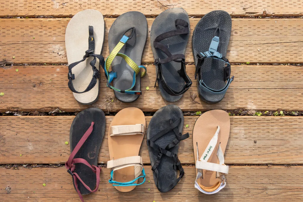 Barefoot hiking sandals from top to bottom and left to right: Luna, DLD, Shamma, Bedrock, Zuzu, Xero, Unshoes, Bahé.