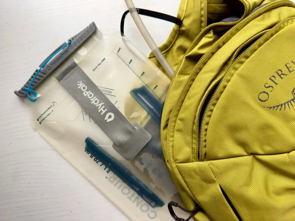 A hydration reservoir in a daypack.