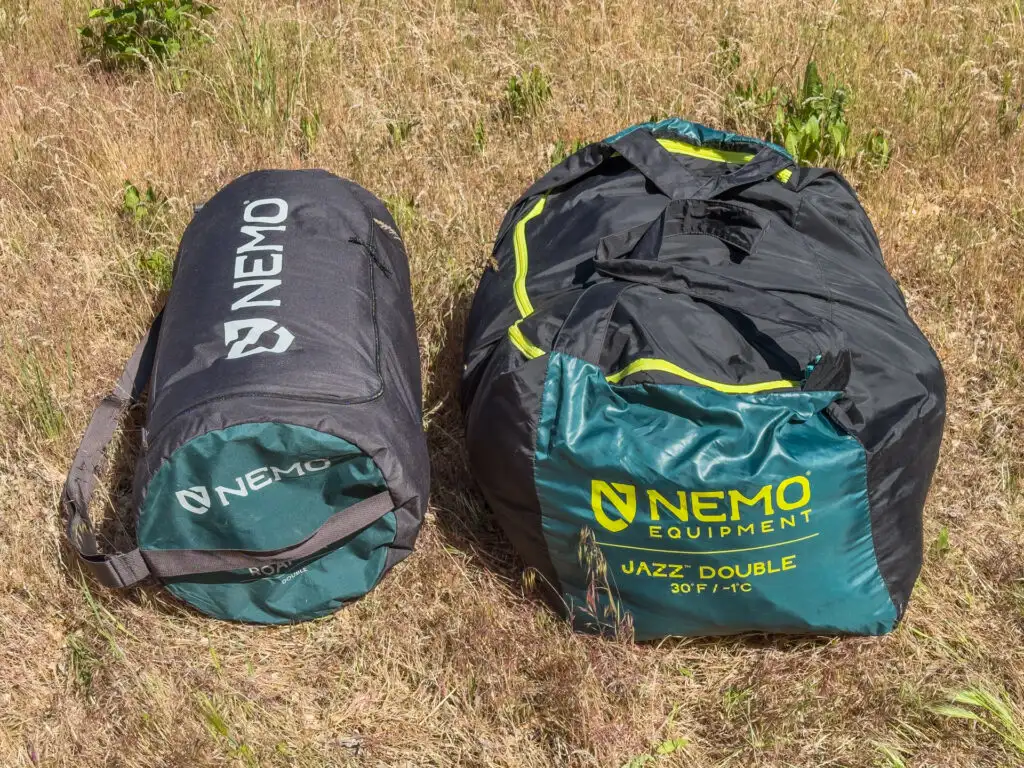 The NEMO Roamer Double sleeping pad packed up next to the Nemo Jazz Double sleeping bag.