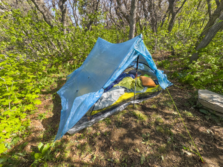 Zpacks Duplex tent pitched and both vestibules open so you can see inside.