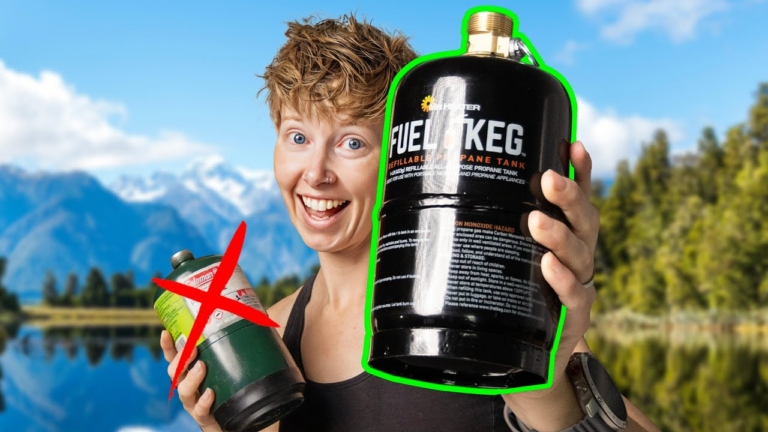 Alisha holding a Coleman green fuel bottle crossed out and a fuel keg in the other hand.