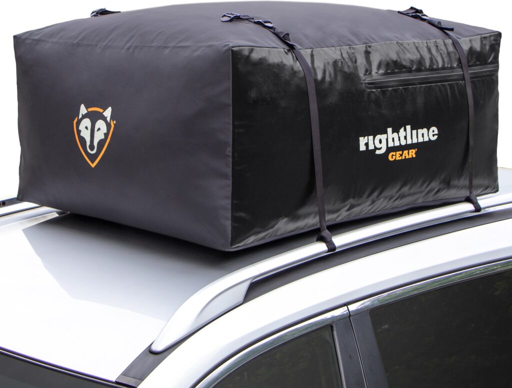 A Rightline Gear soft-sided car top carrier for rooftop cargo storage.