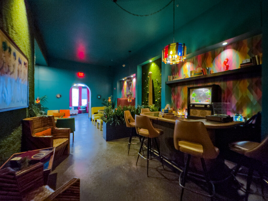 One of the colorful lounge spaces inside the Dwell Hotel in Chattanooga, TN.