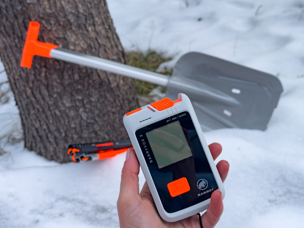 Mammut beacon, shovel and probe for avalanche safety.