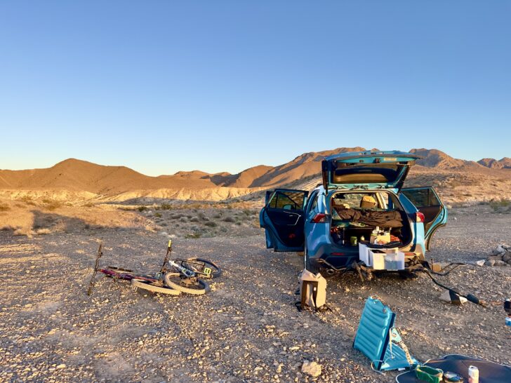 A car parked in a dispersed campsite outside Las Vegas.