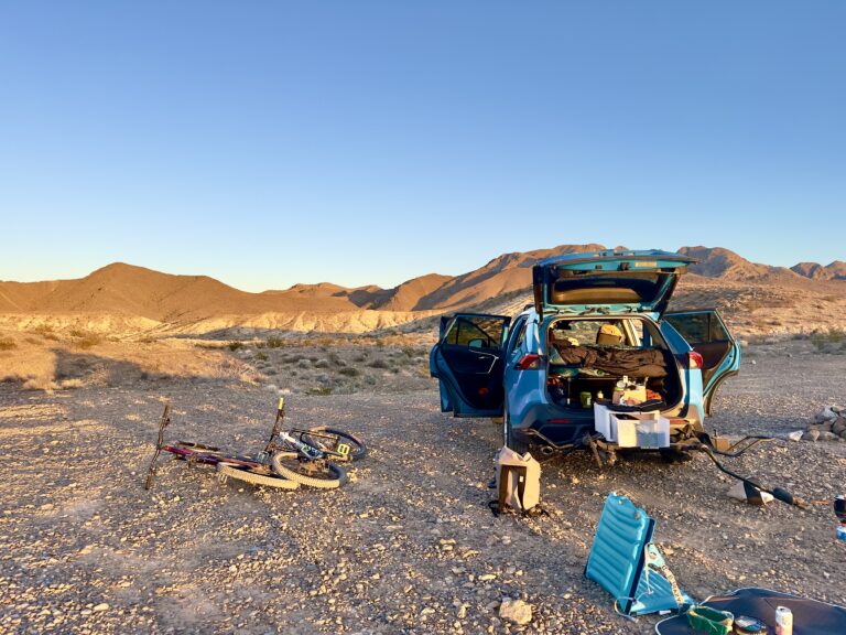A car parked in a dispersed campsite outside Las Vegas.