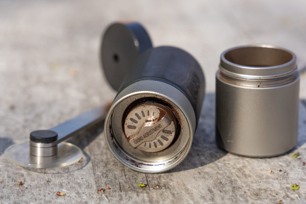 The parts of The Wacaco Exagrind manual coffee grinder.