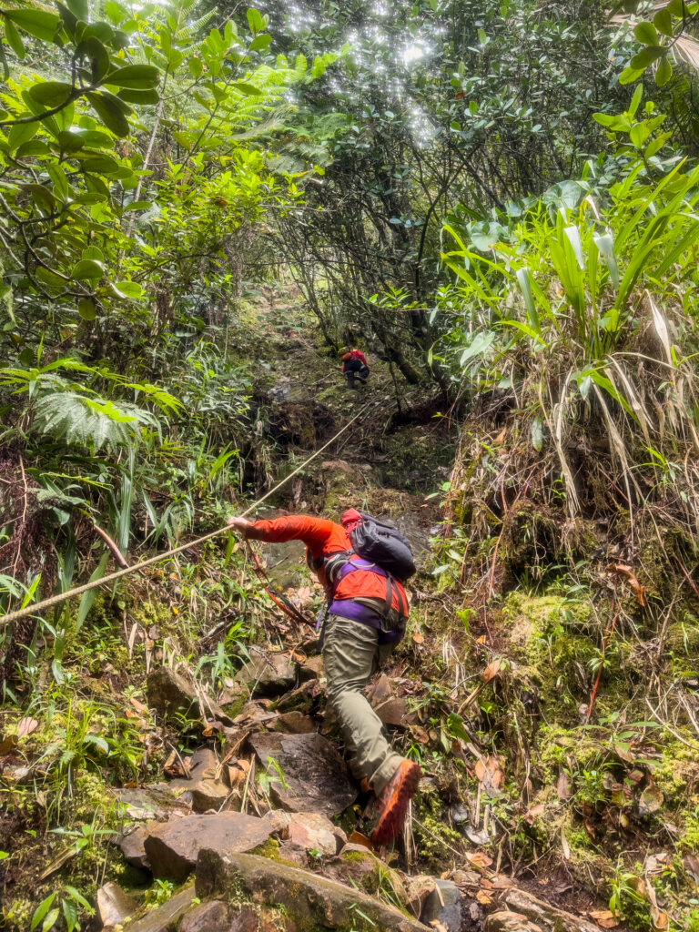 A man climbs up a steep slope with the aid of a rope on the push to Victoria Peak.