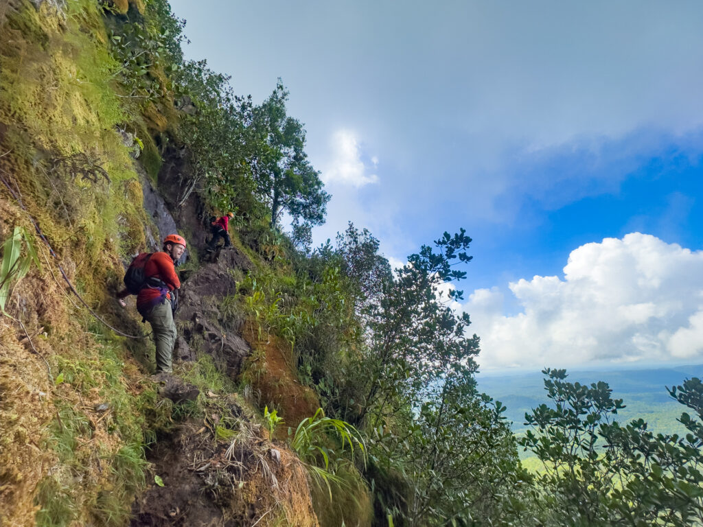 A man looks out over the jungle valley from a narrow ledge on the Victoria Peak summit hike.