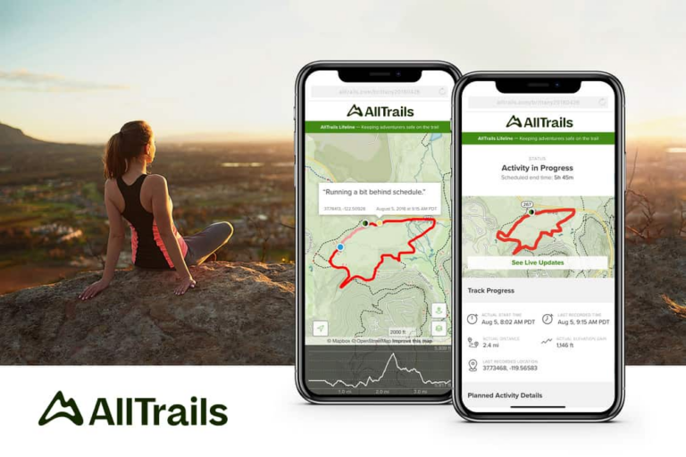 woman sitting on mountain edge with Alltrails phone maps open on right side of the screen.