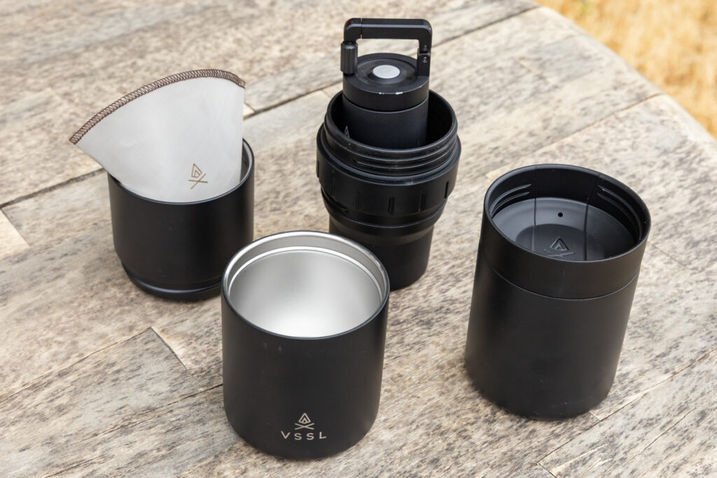 The VSSL Nest Pour Over Travel Coffee Kit separated into all its sections.